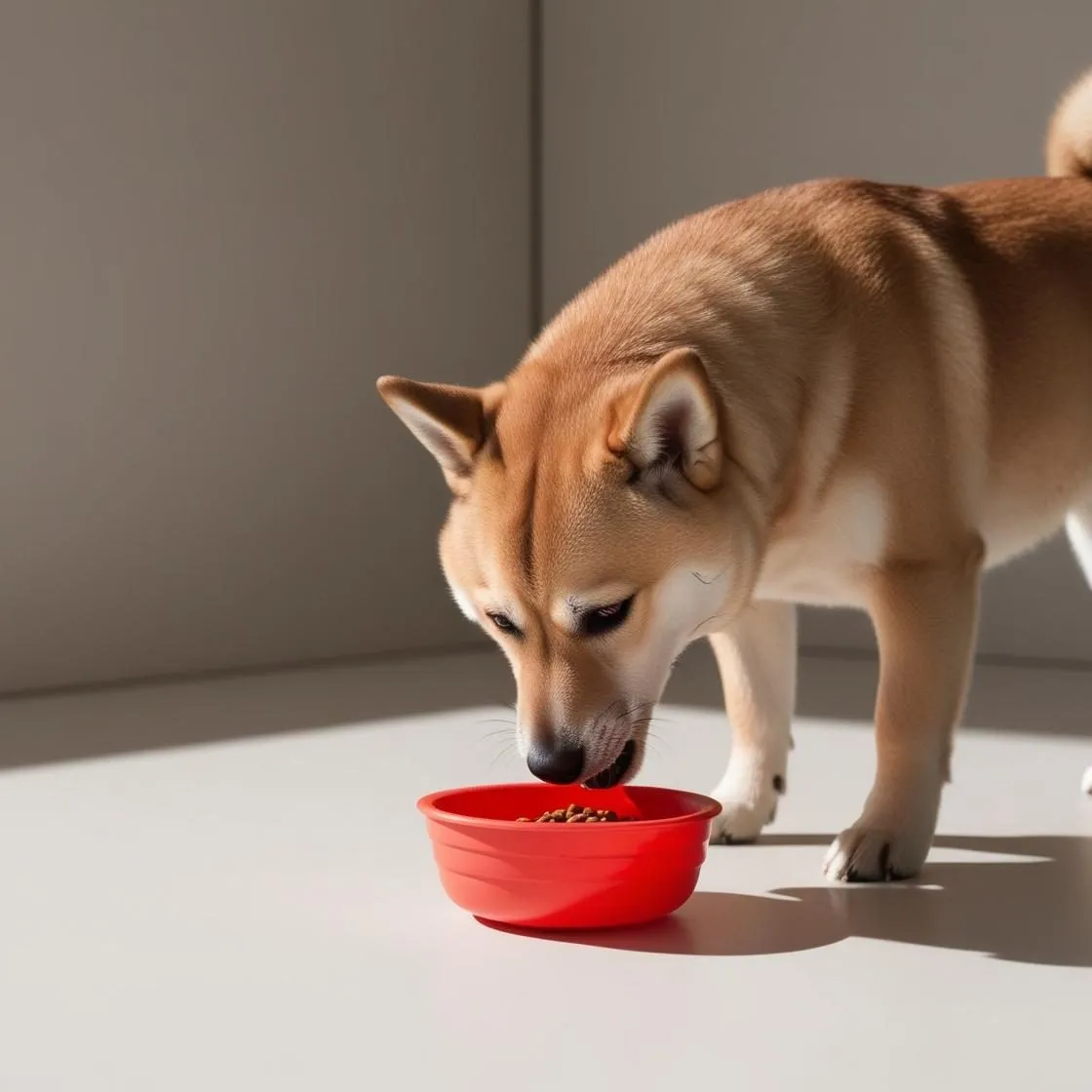 柴犬在房內低頭用碗吃飯